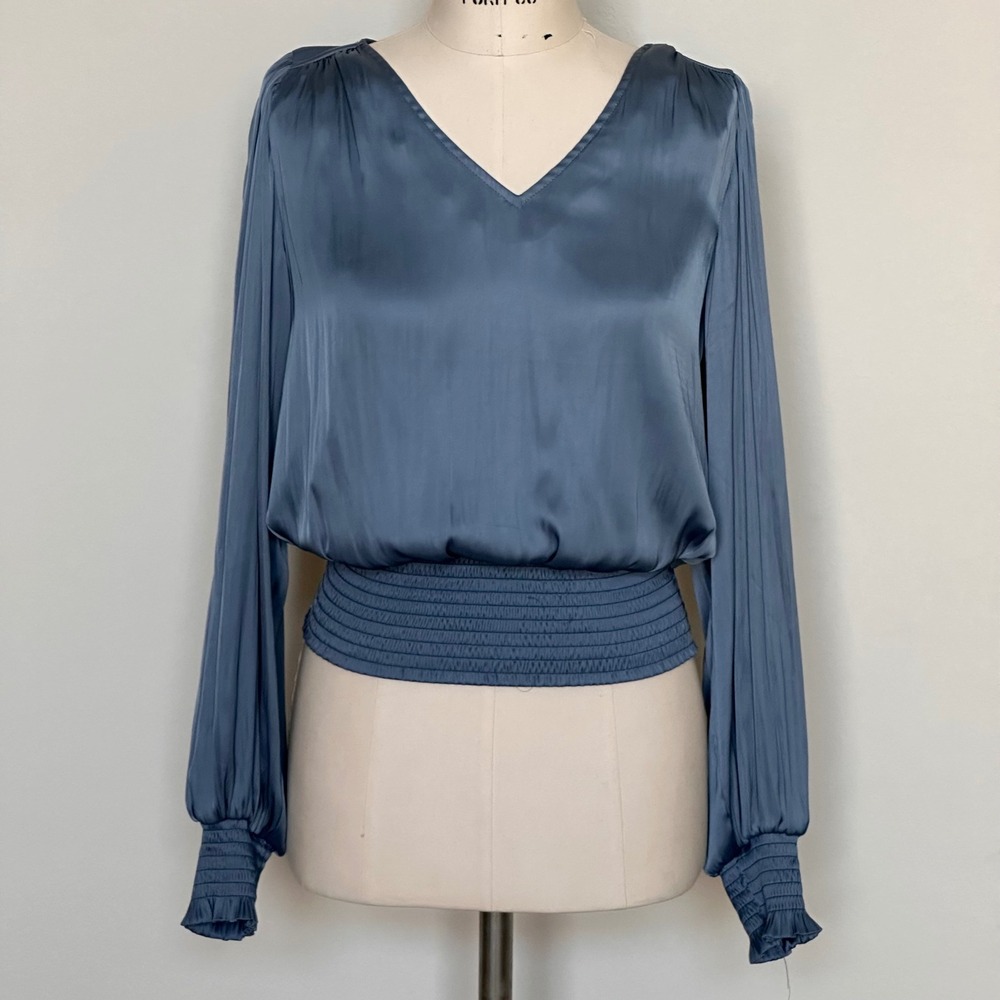 Joie Blue Satin V-Neck Smocked Hem Long Sleeve Blouse Small